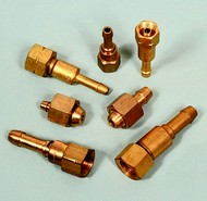 Click to enlarge - Hose fittings for oxygen and acetylene welding-cutting equipment. Made from machined brass bar and fitted using O clips or similar.