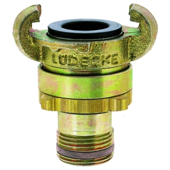 Click to enlarge - DIN type double look quick coupling. Just twist the two halves together and tighten the rear knurled ring ensuring a secure joint. These couplings conform to DIN 3238. Very high flow rates are achieved through the maximum bore size. Head is made from malleable iron and the shank is from machined steel.
